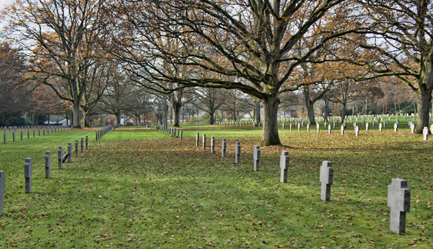Photograph of Sandweiler German War Cemetery showing wide swaths of open space, as if for delivering the dead in trucks.
